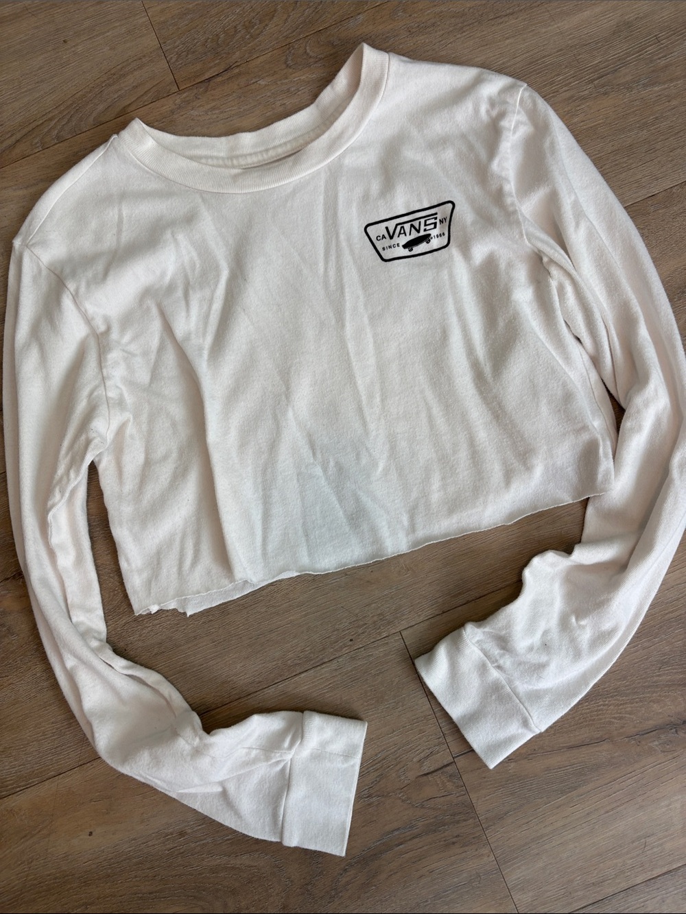 Vans Women’s White Cropped Long Sleeve Tee with Black Logo